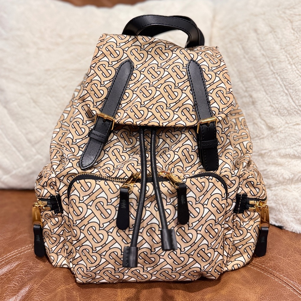 Burberry TB Monogram Medium Rucksack Backpack Beige Black Nylon Leather